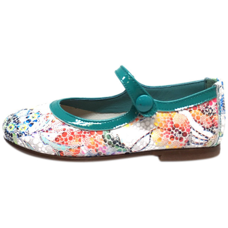Papanatas by Eli Girl's Grey Teal Metallic Floral Print Mary Janes Button Flats - Just Shoes for Kids
 - 2