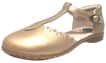 Livie & Luca Girl's Pearl Shimmer Fresca Scalloped Leather Trim T-Strap Adjustable Buckle Mary Jane Flat Shoe