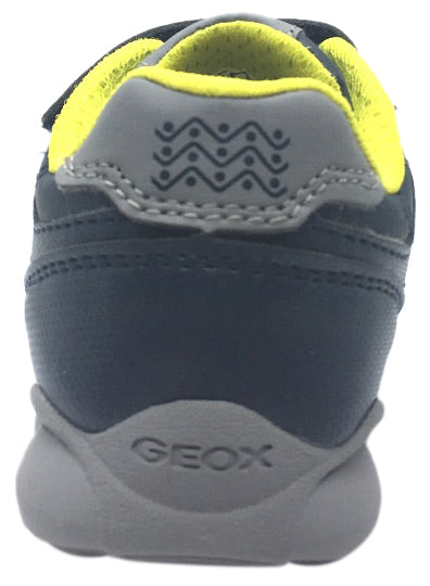 Geox Boy's Munfrey Leather Navy Grey Double Hook and Loop Strap Sporty Spiderweb Low Top Breathable Sneaker