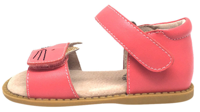 Livie & Luca Girl's Tabby Cat Coral Leather and Sparkle Hook and Loop Open Toe Sandal