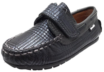 Venettini Boy's Two Tone Grey Square Print Leather Single Hook and Loop Strap Moccasin Loafer