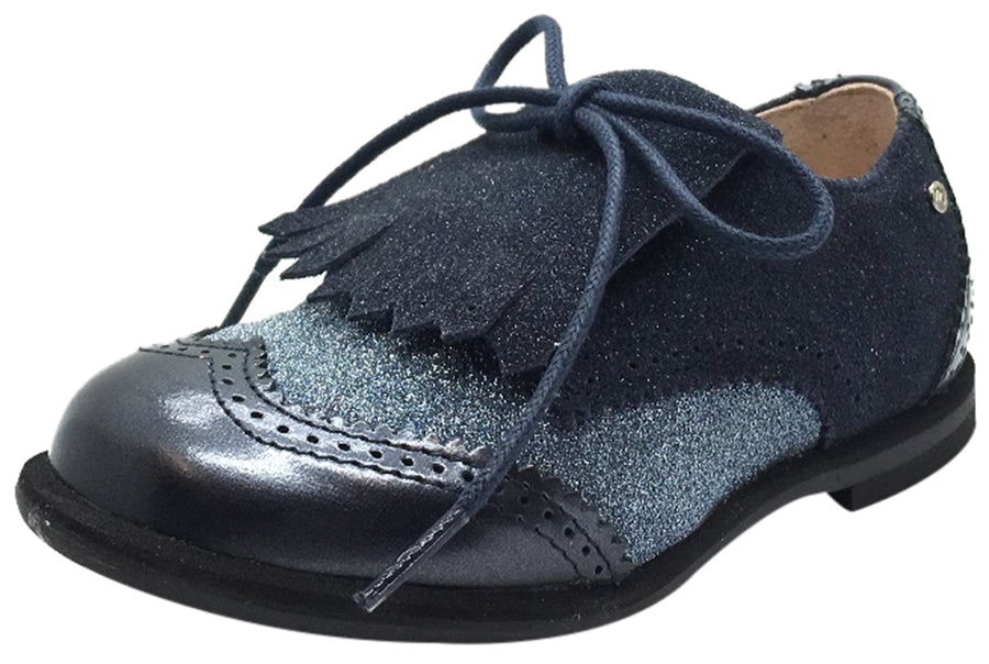 Manuela de Juan Boy's & Girl's Fringe Navy Blue Sparkle Tri-Color Leather Lace Up Oxford Shoes