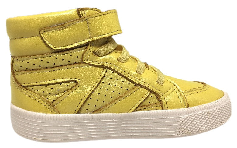 Old Soles Boy's and Girl's Star Jumper Lemon Yellow Leather Elastic Lace Hook and Loop High Top Sneaker