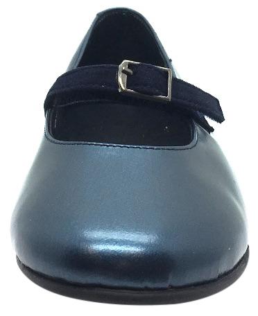 Luccini Girl's Metallic Blue Smooth Leather Mary Jane Flats with Navy Suede Buckle Hook and Loop Strap