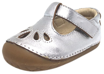 Old Soles Girl's Pave Petal Silver Leather T-Strap Hook and Loop Floral Mary Jane Walking Shoe