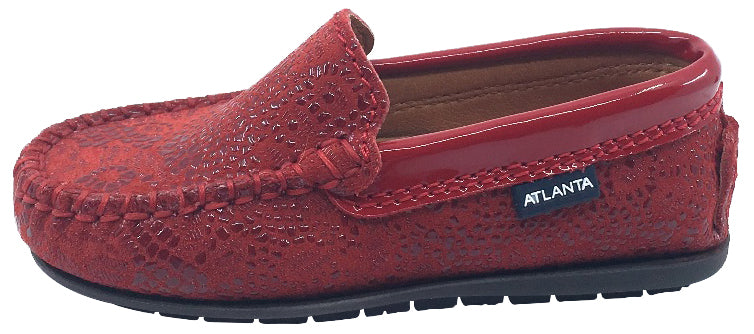 Atlanta Mocassin Girl's & Boy's Red Pebble Printed Leather with Patent Trim Slip On Moccasin Loafer Shoe