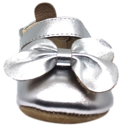 Old Soles Girl's Silver Leather Gab Bow Hook and Loop Mary Jane Crib Walker Baby Shoe