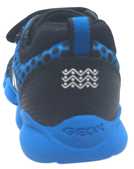 Geox Boy's Munfrey Light Blue Black Polka Dot Mesh Double Hook and Loop Strap Sporty Low Top Breathable Sneaker