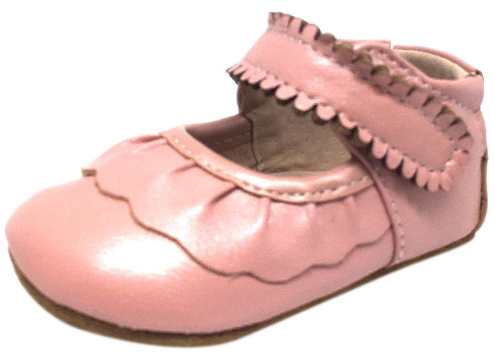 Livie & Luca Girl's Ruche Ruffled Light Pink Shimmer Leather Hook and Loop Mary Jane Shoe