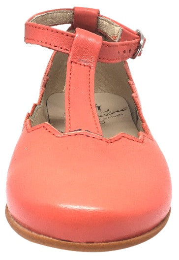 Luccini Coral Leather Zig Zag Edge Trim T-Strap Ankle Adjustable Buckle Mary Jane Flat