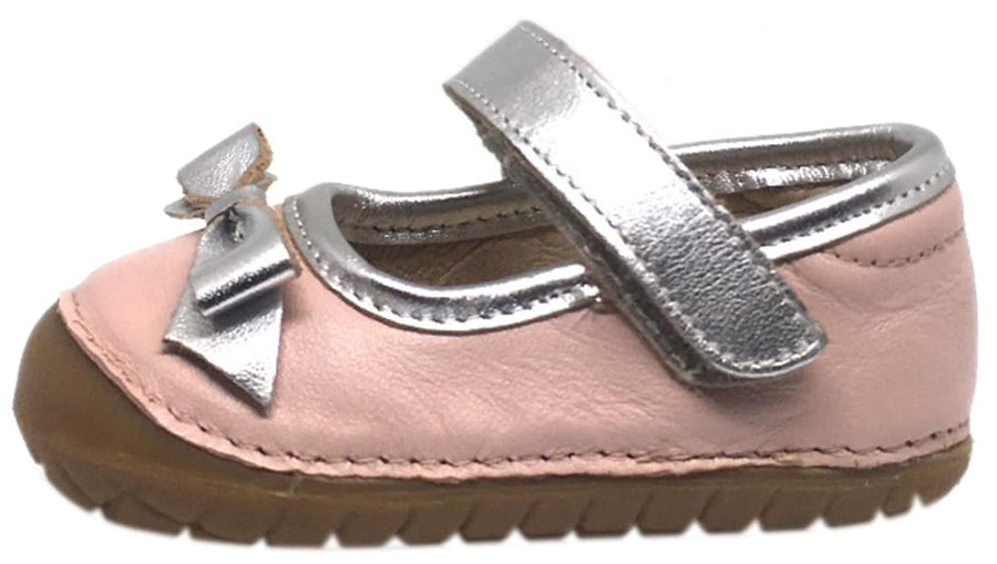 Old Soles Girl's Pave Gabs Jane Powder Pink & Silver Leather Hook and Loop Bow Mary Jane Walking Shoe