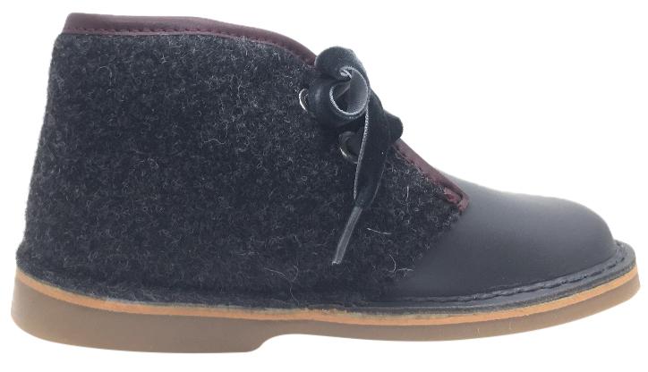 Luccini Girl's Grey Leather & Wool Lace Up Ankle Boots with Maroon Trim