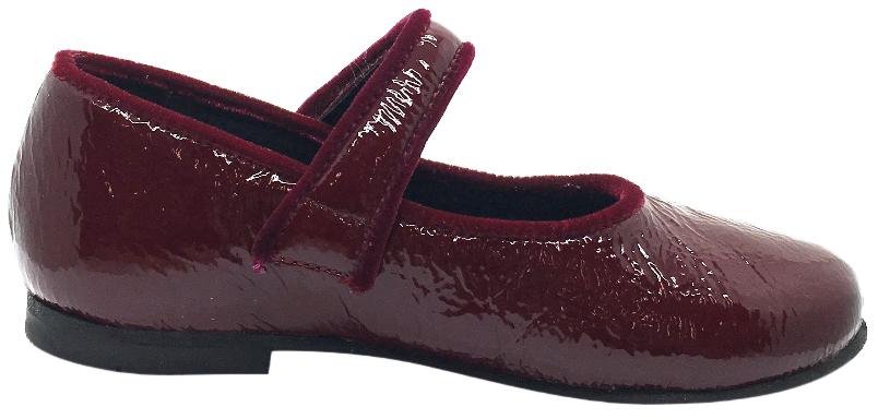 Luccini Girl's Burgundy Patent Crinkle Leather Mary Jane Flats with Trim