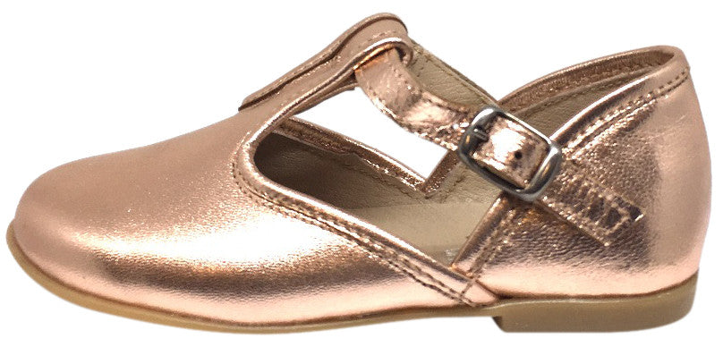 Hoo Shoes Girl's Chloe's Bright Metallic Rose Gold T-Strap Adjustable Buckle Mary Jane Flats