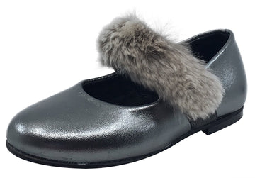 Luccini Girl's Slip-On Mary Jane with Fur Trim (Silver Leather)