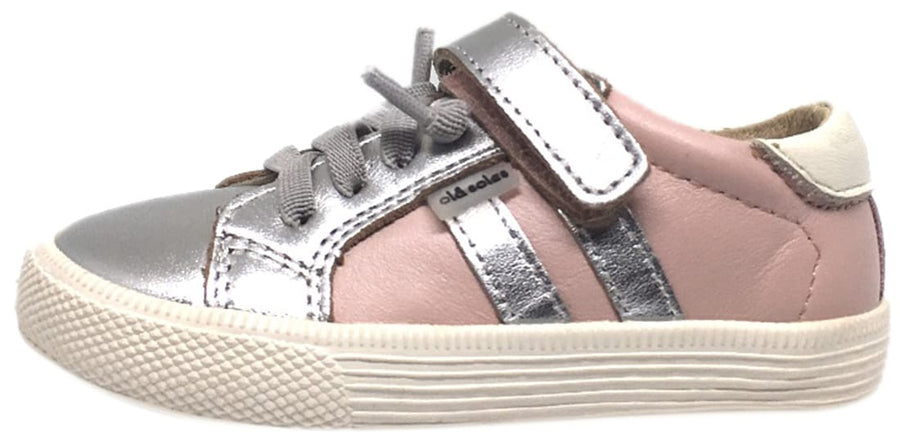 Old Soles Girl's Pink & Silver Leather Casting Shoe Lace Up Hook and Loop Stripe Slip On Sneaker