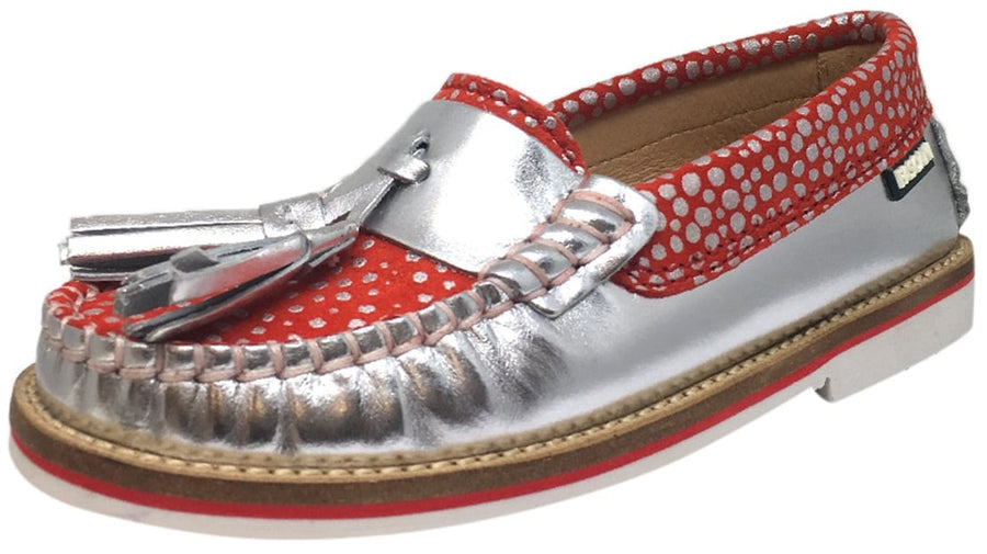 Fascani Girl's and Boy's Metallic Silver Leather Red Polka Dot Tassel Stitching Detail Slip On Loafer Moccasin