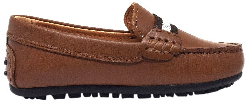 Umi Boy's Cognac Leather Studded Fabric Racing Stripe Slip On Moccasin Loafer