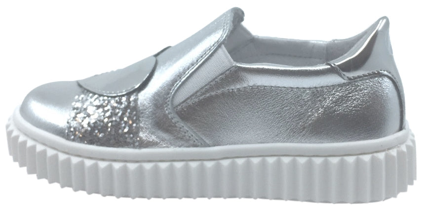Naturino Girl's & Boy's Silver Metallic Leather with Glitter Decal Detail Slip On Low Top Casual Sneaker Shoe