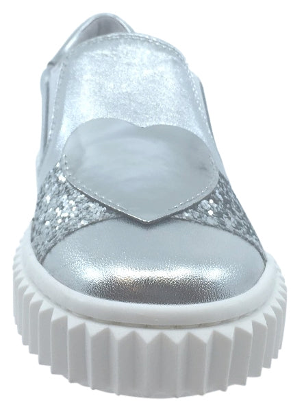Naturino Girl's & Boy's Silver Metallic Leather with Glitter Decal Detail Slip On Low Top Casual Sneaker Shoe