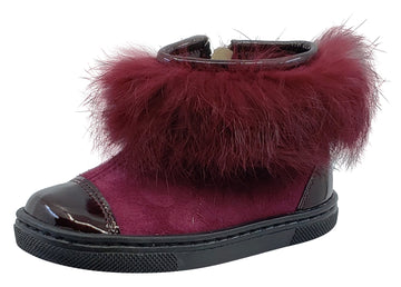 Pataletas for Boy's and Girl's Burgundy Leather Patent Suede Zipper Collar Fur Bootie