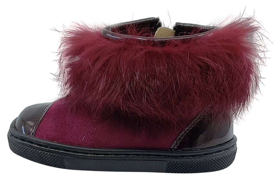 Pataletas for Boy's and Girl's Burgundy Leather Patent Suede Zipper Collar Fur Bootie