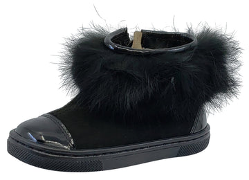 Pataletas for Boy's and Girl's Black Leather Patent Suede Zipper Collar Fur Bootie