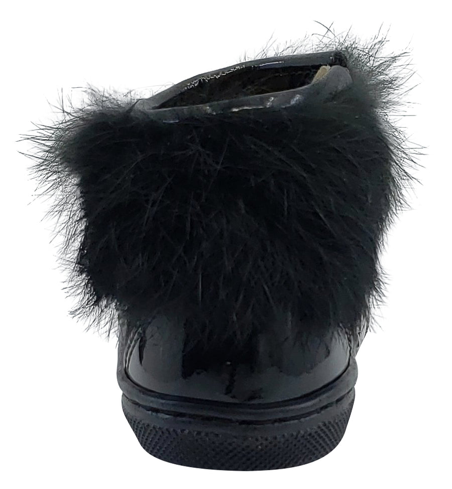 Pataletas for Boy's and Girl's Black Leather Patent Suede Zipper Collar Fur Bootie
