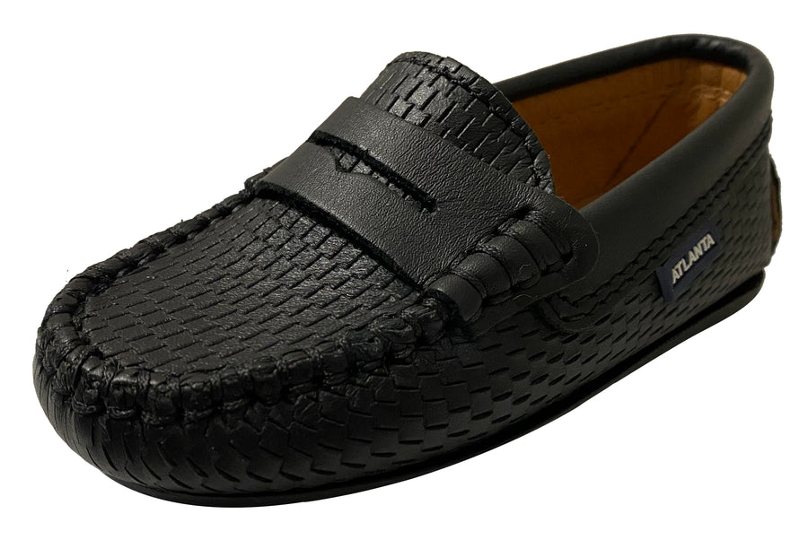 Atlanta Mocassin Boy's Penny Leather Loafers, Black Perforated